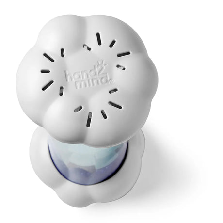 Cloud-shaped lid close-up on sounds of rain sensory tube, calming sensory toy detail