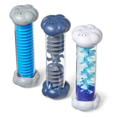 Three sounds of rain sensory tubes standing, blue and grey calming sensory fidget toys