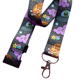 Space Cuties kawaii lanyard displayed on a white background showing the full length and charcoal space print