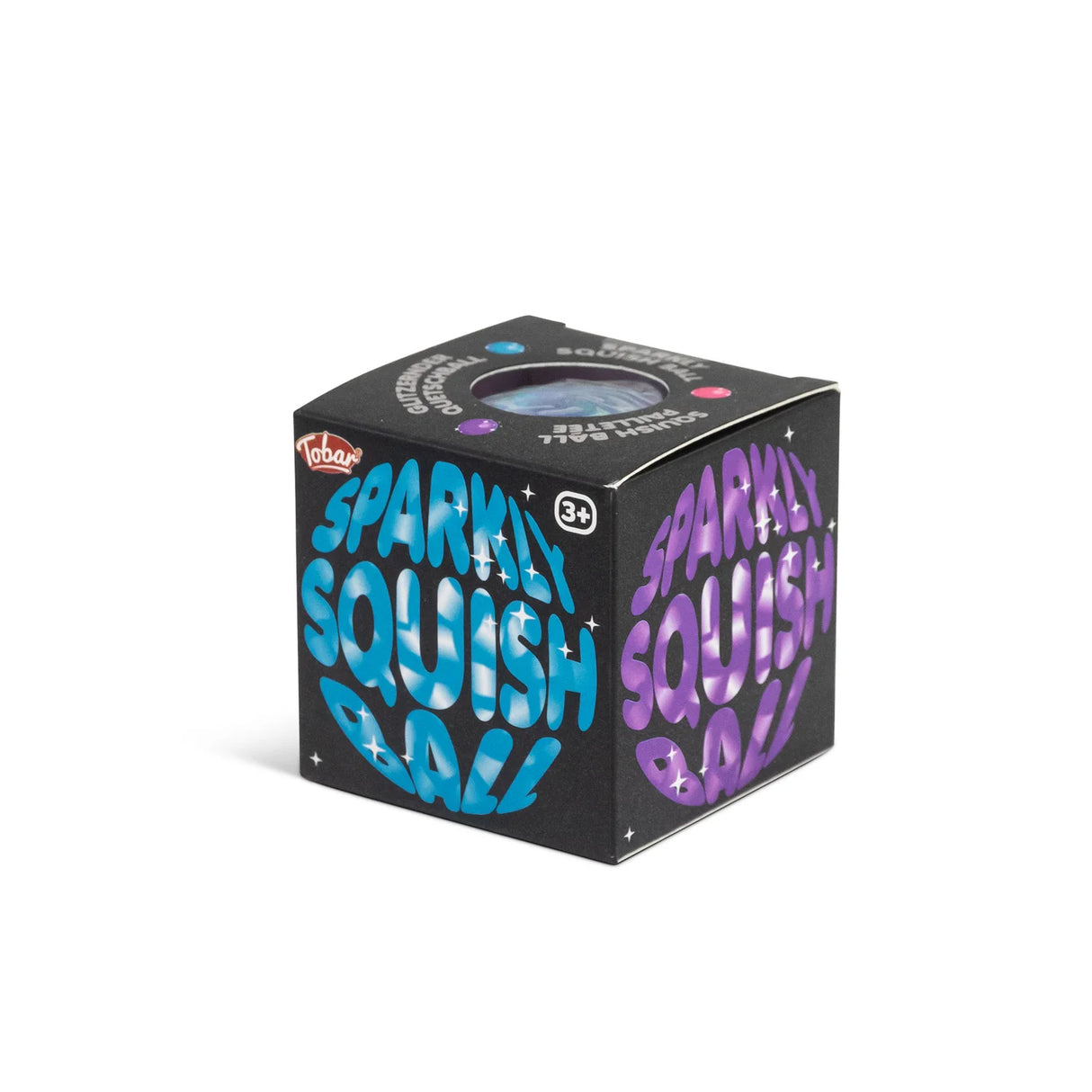Scrunchems Sparkly Squish Ball individual retail box with circular window on black background