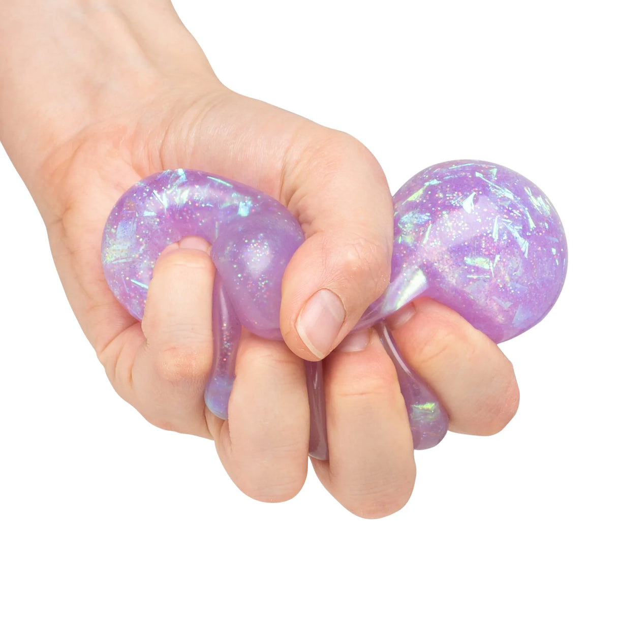 Purple iridescent Sparkly Squish Ball being squeezed tightly in a fist showing the gel deforming between fingers