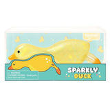 Yellow glitter squishy duck toy shown in clear Keycraft branded packaging with duck-print background