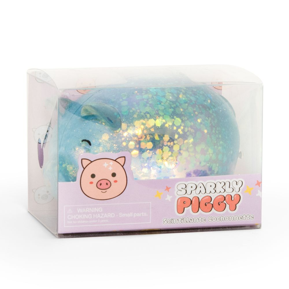 Blue glitter squishy pig toy in clear Sparkly Piggy branded packaging