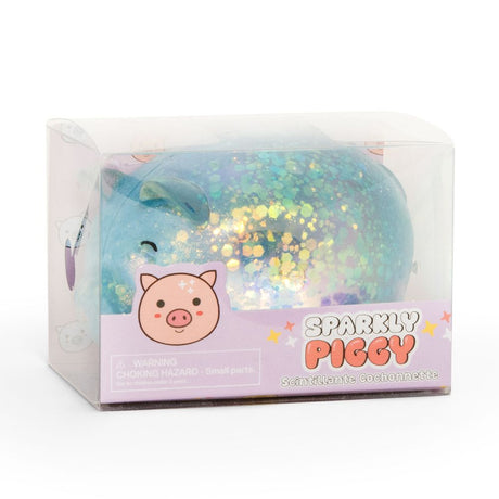 Blue glitter squishy pig toy in clear Sparkly Piggy branded packaging