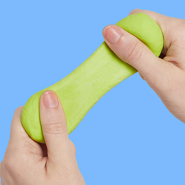 Citron green silicone putty being pulled and stretched between two hands