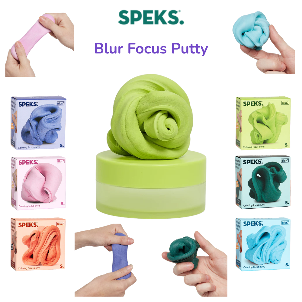 Colour collage of all six Speks Blur focus putty shades with hands squeezing putty