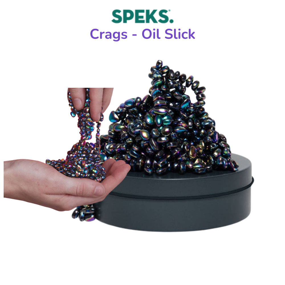 Speks Crags Oil Slick magnetic fidget putty held in hand