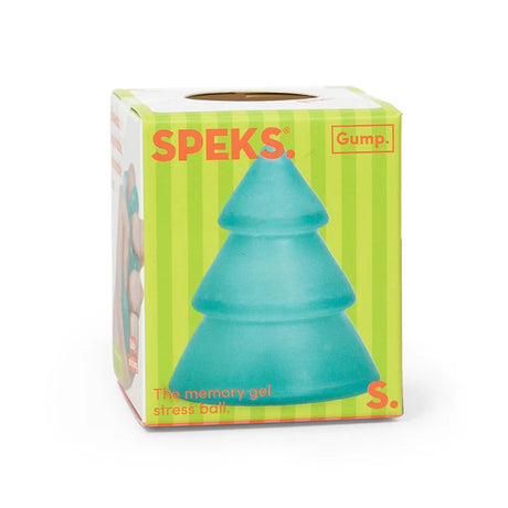 Speks Gump Christmas tree squishy in green striped box packaging, memory gel sensory toy gift
