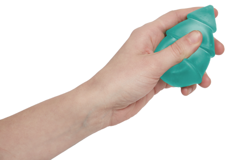 Hand holding a frosted green Speks Gump Christmas tree squishy, showing its palm-sized squeezable shape