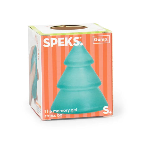 Speks Gump Christmas tree squishy in orange striped box packaging, festive memory gel fidget toy