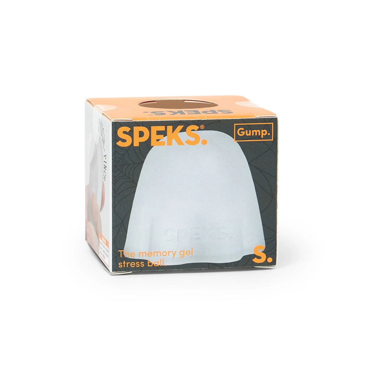 Speks Gump Ghost squishy toy packaging box with spiderweb pattern and ghost shaped memory gel toy inside