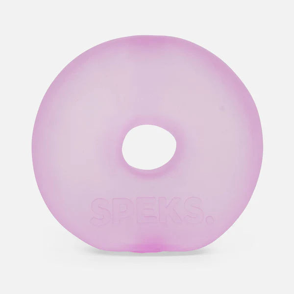 Pink translucent Speks Gump Jumbo Loop memory gel stress toy on white background