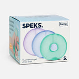 Speks Gump Loop memory gel fidget ring box showing lilac, blue and teal loops