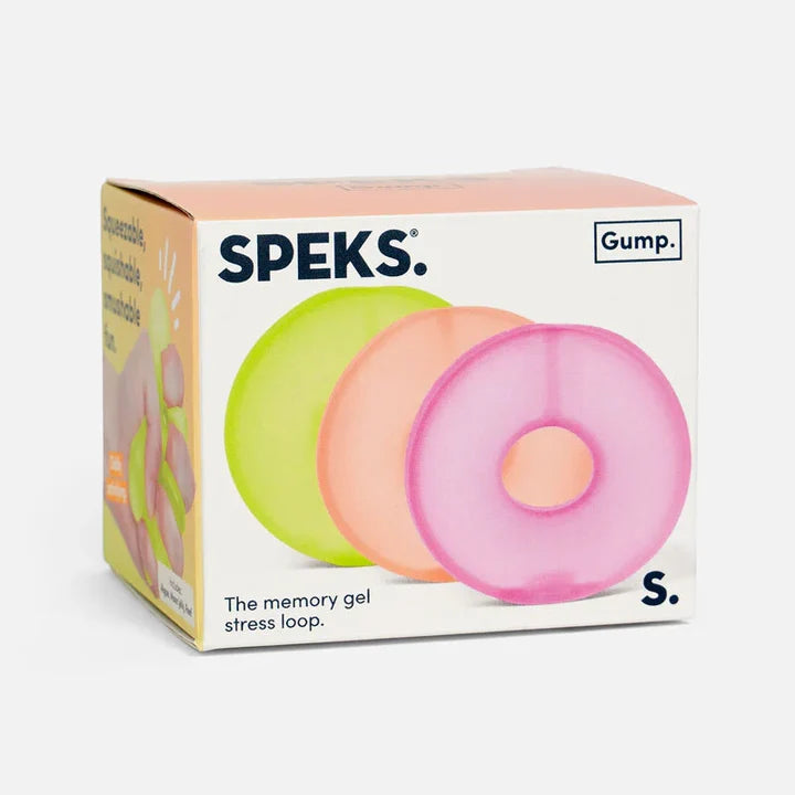 Speks Gump Loop memory gel fidget ring box showing lime, peach and pink loops