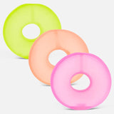 Three frosted Speks Gump Loop memory gel sensory toy rings in lime, peach and pink