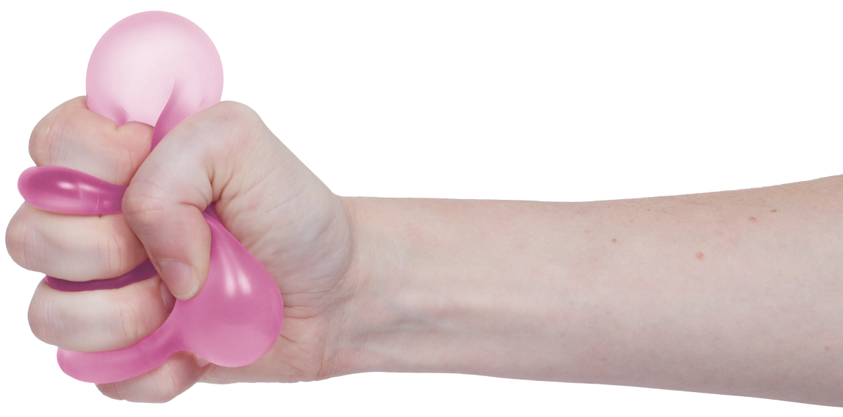 Moon Jelly pink Speks Gump Loop stress ring squeezed in fist, fidget toy