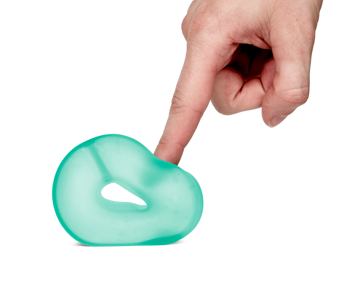 Sea Glass teal Speks Gump Loop stress ring pressed with finger, fidget toy