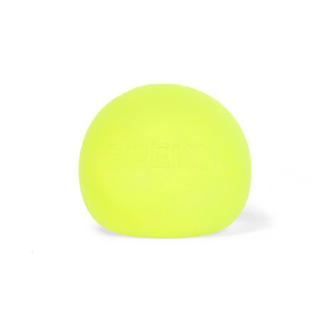 Single bright yellow-green Speks Gump Original memory gel stress ball on a white background