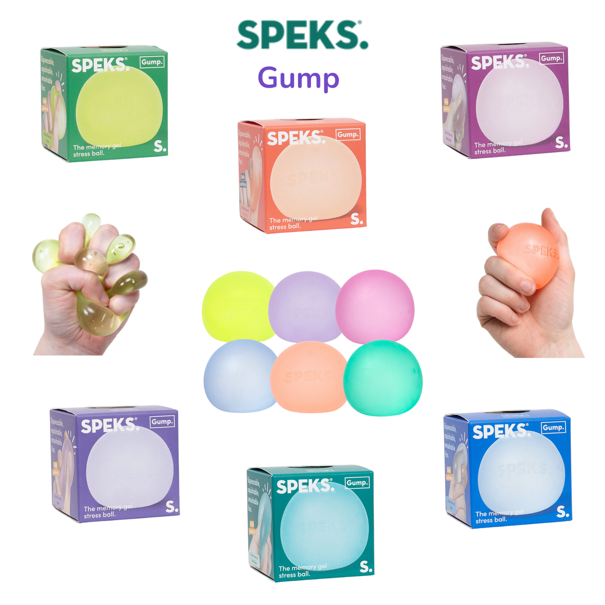 All six Speks Gump Original memory gel stress balls shown together with their individual colour packaging boxes, displaying the full range of available colours