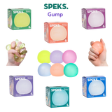 All six Speks Gump Original memory gel stress balls shown together with their individual colour packaging boxes, displaying the full range of available colours