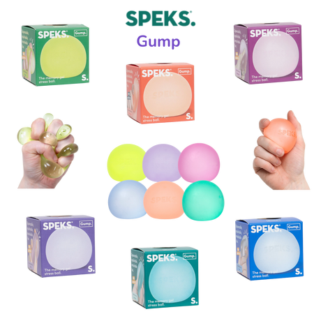 All six Speks Gump Original memory gel stress balls shown together with their individual colour packaging boxes, displaying the full range of available colours
