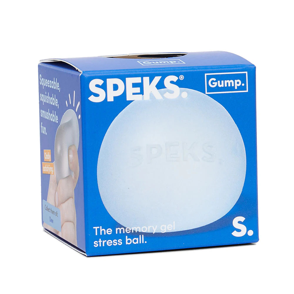 Pale blue Dew Speks Gump Original memory gel stress ball in branded blue Speks Gump packaging box