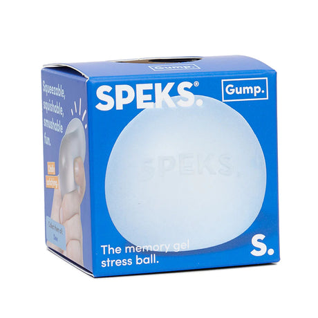 Pale blue Dew Speks Gump Original memory gel stress ball in branded blue Speks Gump packaging box
