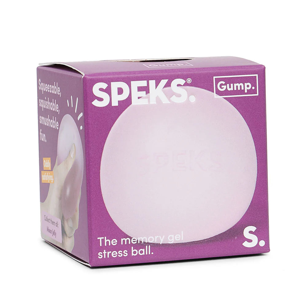 Pink Moon Jelly Speks Gump Original memory gel stress ball in branded purple Speks Gump packaging box