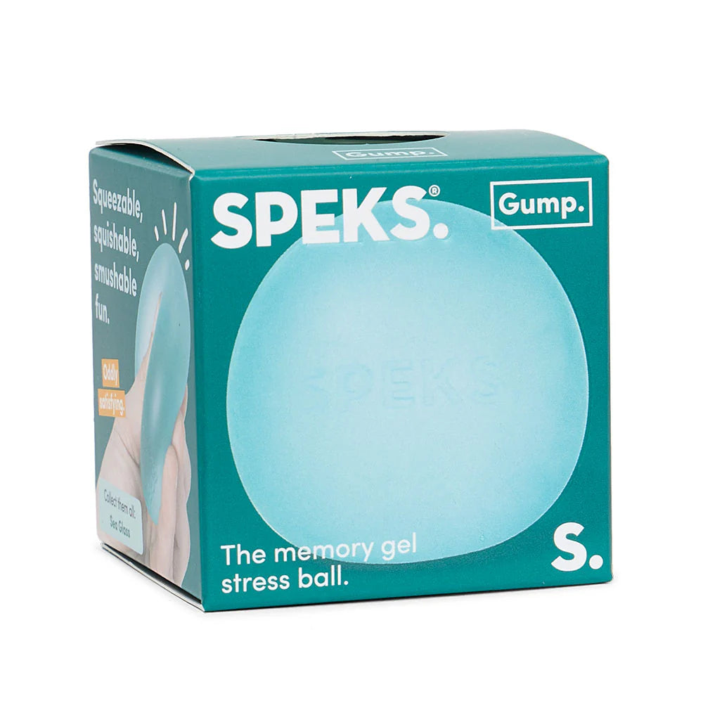 Teal Sea Glass Speks Gump Original memory gel stress ball in branded teal Speks Gump packaging box