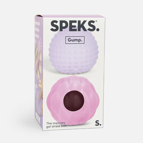 Two Speks Gump Surface stress balls in purple and pink shown together in Speks Gump 2-pack packaging