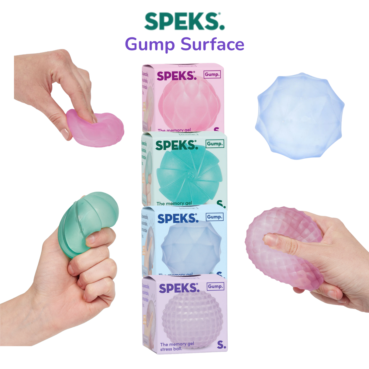 Four Speks Gump Surface memory gel stress balls in pink, teal, blue and purple, shown with packaging on a transparent background