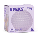 Purple Speks Gump Surface memory gel stress ball in branded Speks Gump packaging box