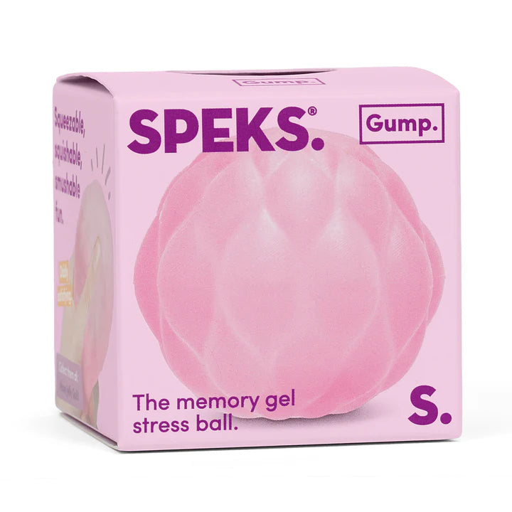 Speks Gump Surface stress ball in pink shown in branded Speks Gump packaging box
