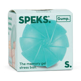 Speks Gump Surface stress ball in teal shown in branded Speks Gump packaging box