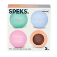Four Speks Mini Gump memory gel stress balls in green, blue, pink and peach shown in branded 4-pack box packaging