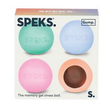 Four Speks Mini Gump memory gel stress balls in green, blue, pink and peach shown in branded 4-pack box packaging