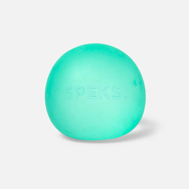 Single teal green Speks Mini Gump memory gel stress ball on a white background