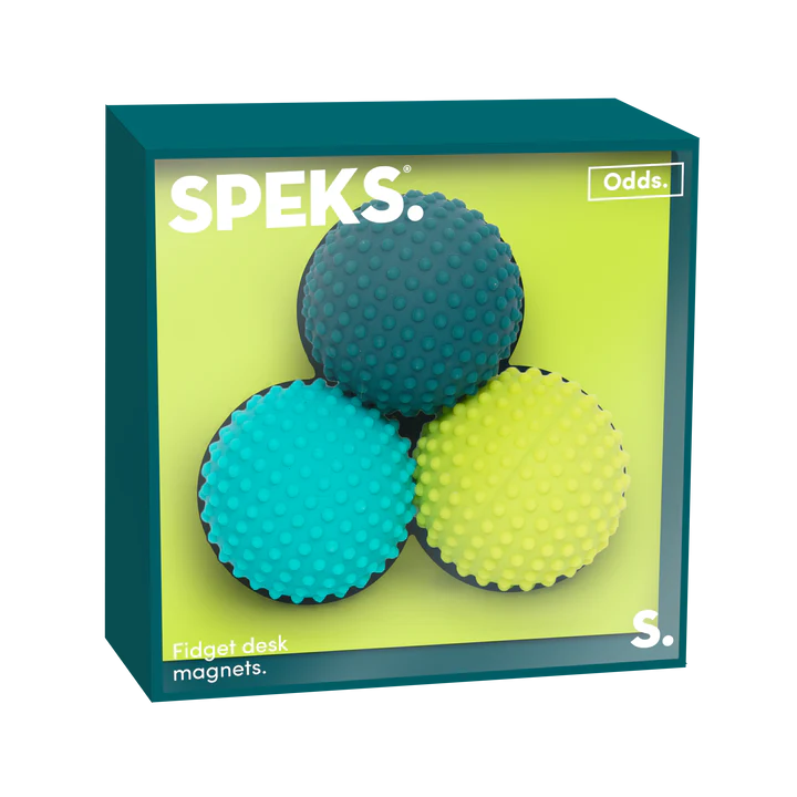 Speks Odds Green Dots silicone fidget magnet set, teal and lime packaging