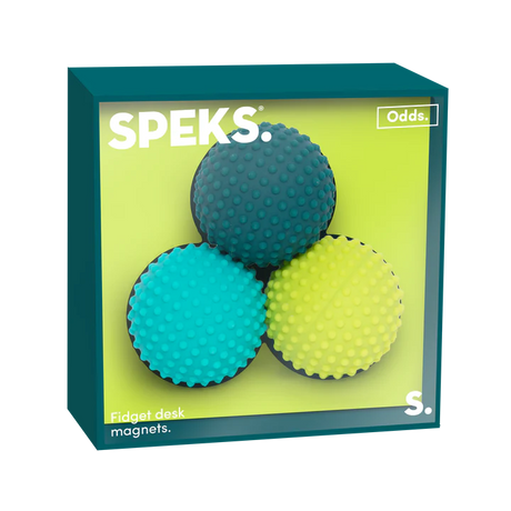 Speks Odds Green Dots silicone fidget magnet set, teal and lime packaging