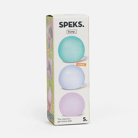 Speks Original Gump 3 pack box showing teal, blue and lilac squishy balls