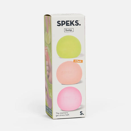 Speks Original Gump 3 pack box showing lime, peach and pink squishy balls