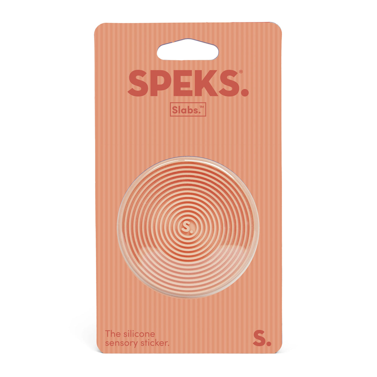 Speks slabs packaging with a circular design on an orange background