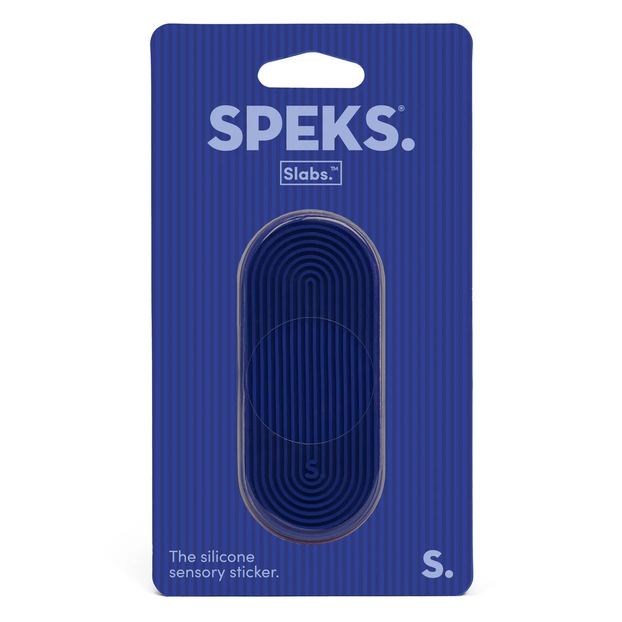 A blue oval silicone sensory sticker by Speks. Slabs.