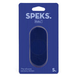 A blue oval silicone sensory sticker by Speks. Slabs.