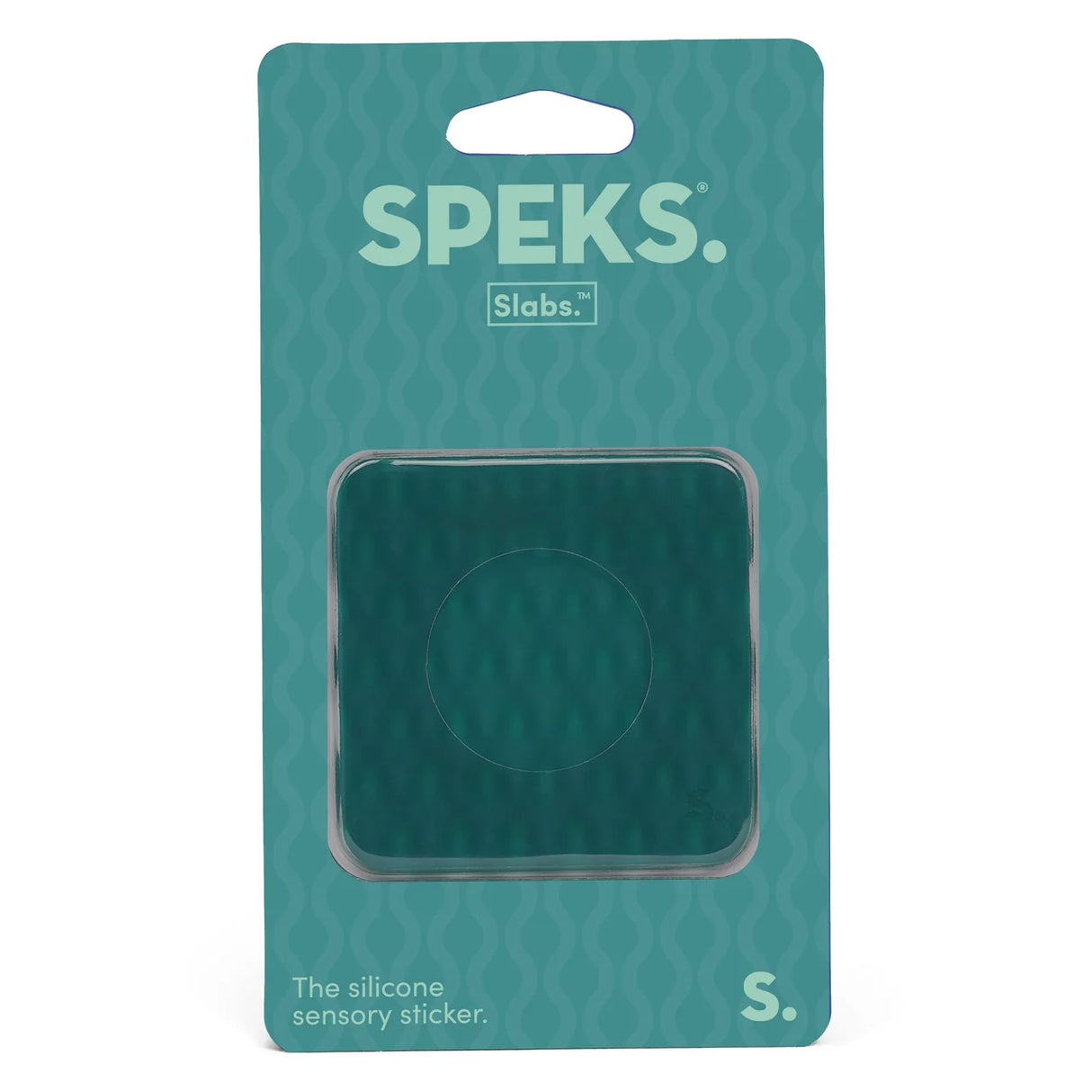 Speks Slabs silicone sensory sticker packaging on a teal background
