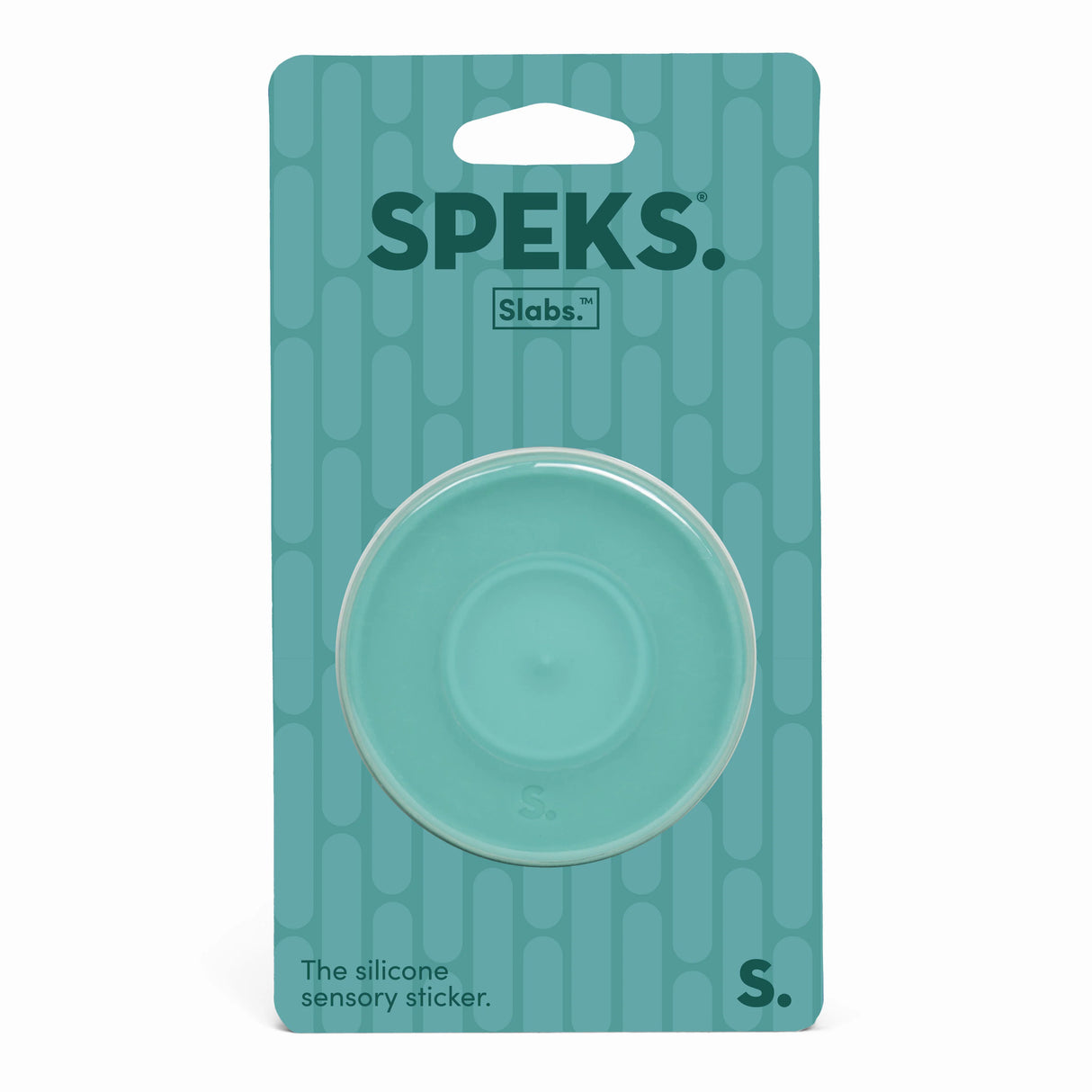 Speks silicone sensory sticker packaging on a teal background