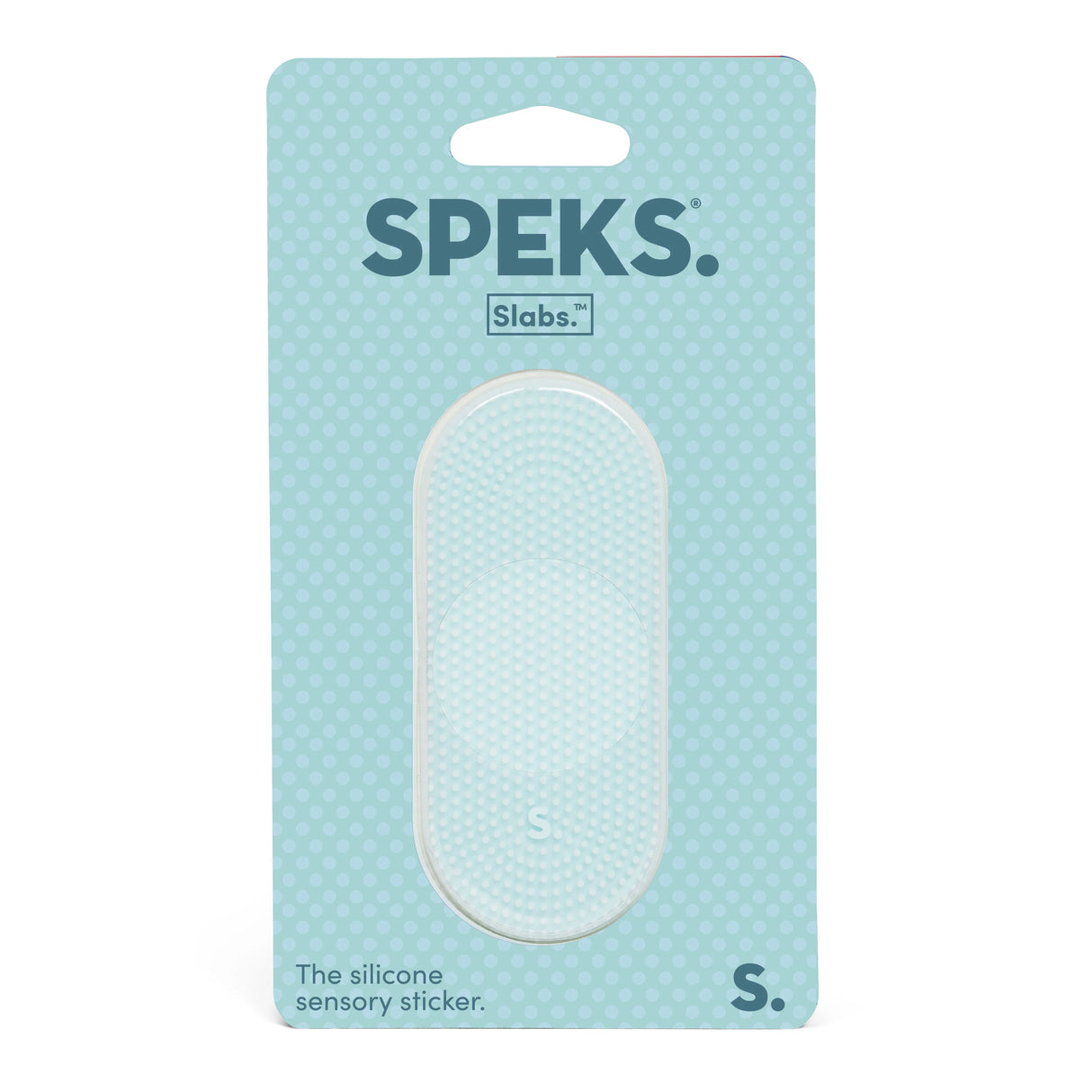Speks silicone sensory sticker packaging on a light blue background