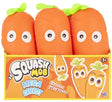 Squash Mob Mega Carrot display box showing three giant squishy stretchy orange carrot sensory fidget toys