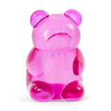 Bright pink jelly bear squishy toy front view, sensory fidget toy with bow tie detail
