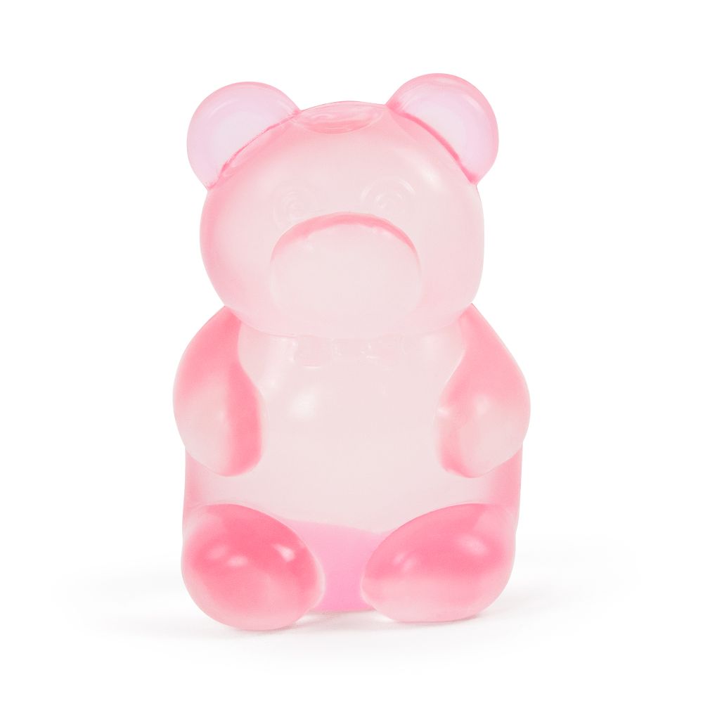 Pale pink jelly bear squishy toy front view, sensory fidget toy with bow tie detail